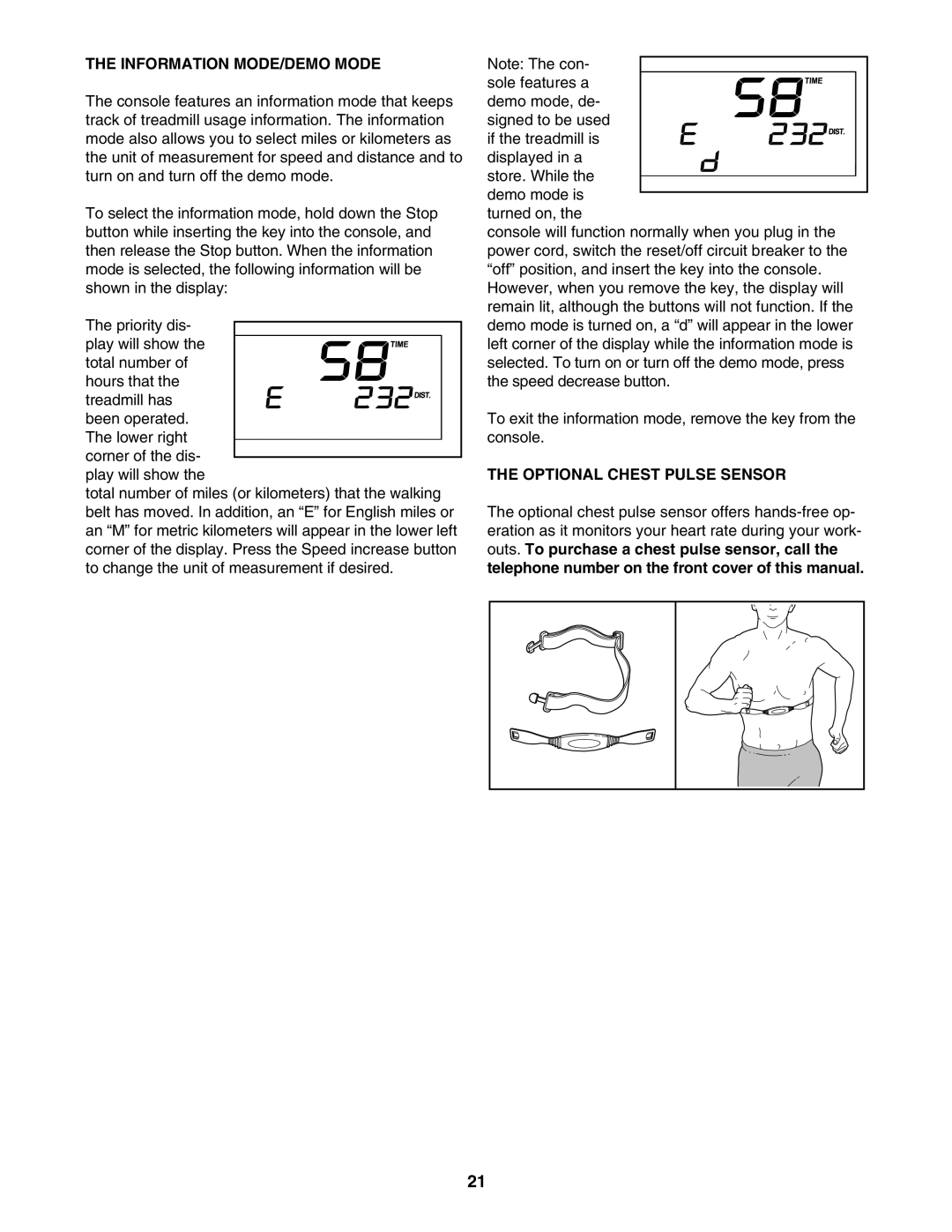 NordicTrack NTL21005.0 user manual Information MODE/DEMO Mode, Optional Chest Pulse Sensor 