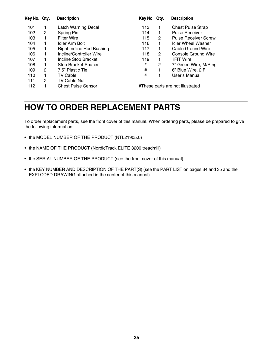 NordicTrack NTL21905.0 user manual HOW to Order Replacement Parts 