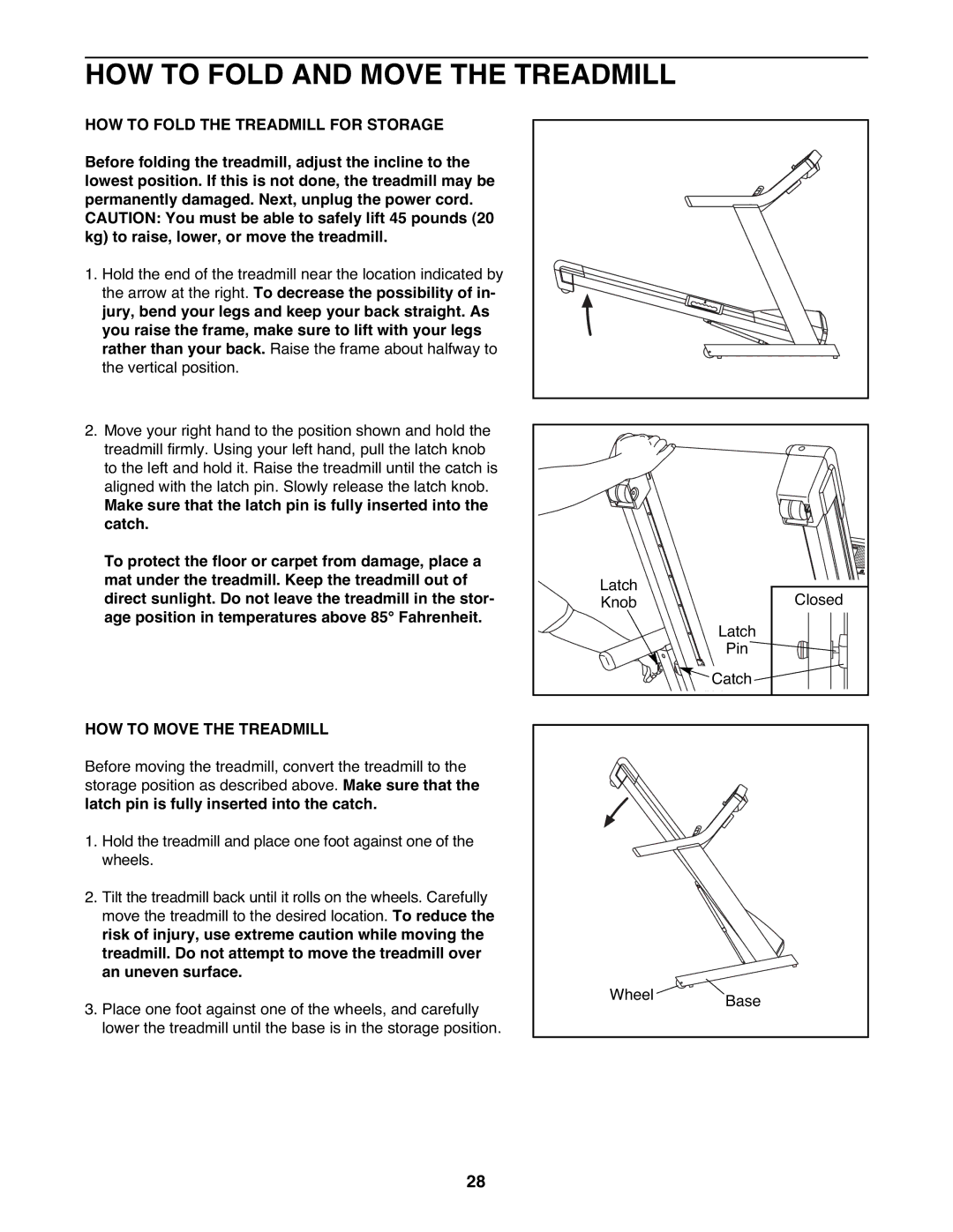 NordicTrack NTL21905.2 user manual HOW to Fold and Move the Treadmill, HOW to Fold the Treadmill for Storage 