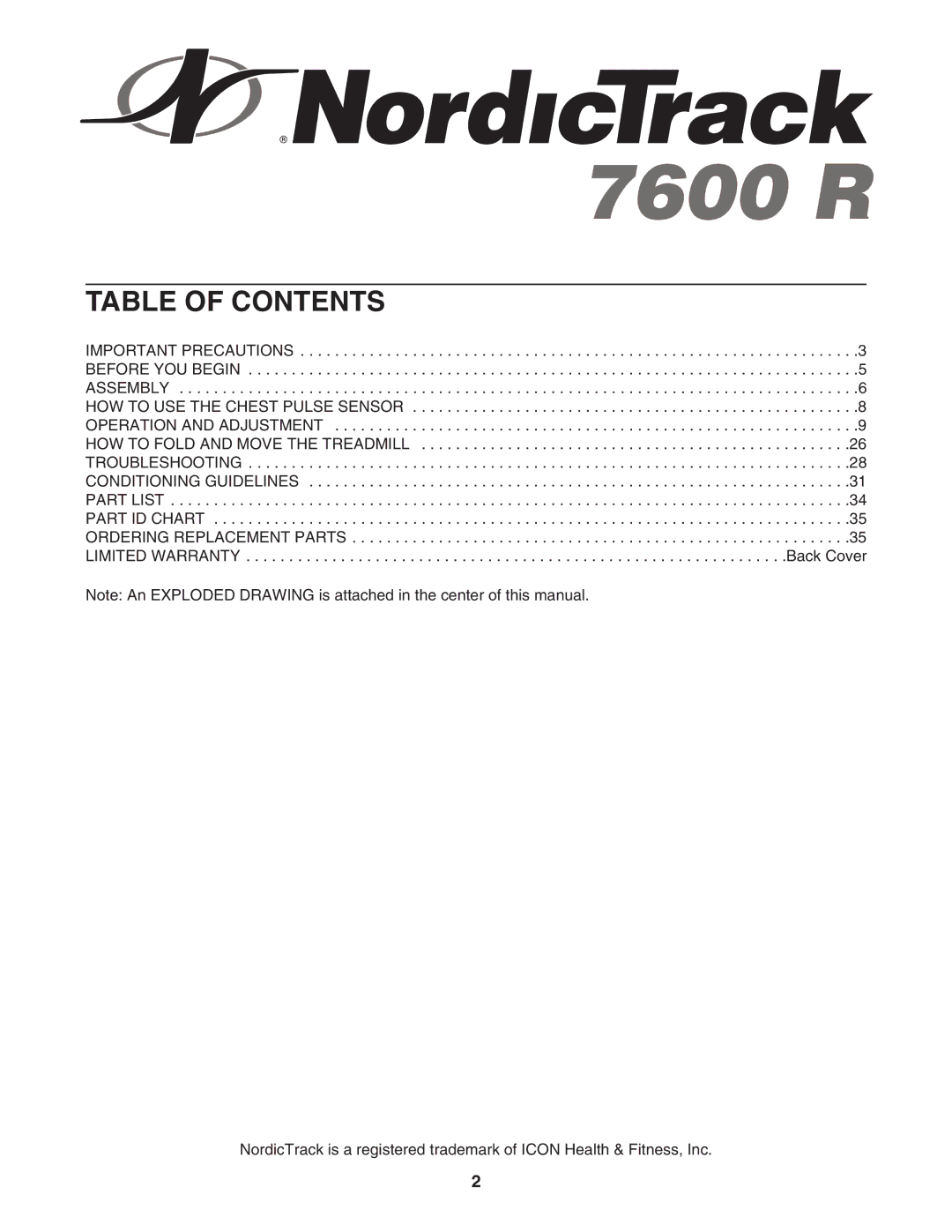 NordicTrack NTL22840 user manual Table of Contents 