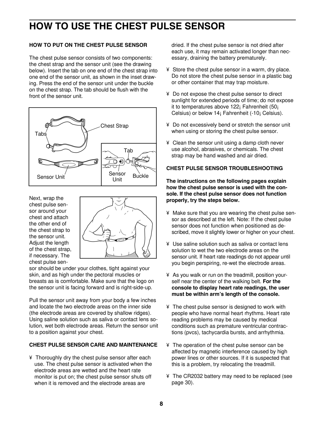 NordicTrack NTL22840 user manual HOW to USE the Chest Pulse Sensor, HOW to PUT on the Chest Pulse Sensor 