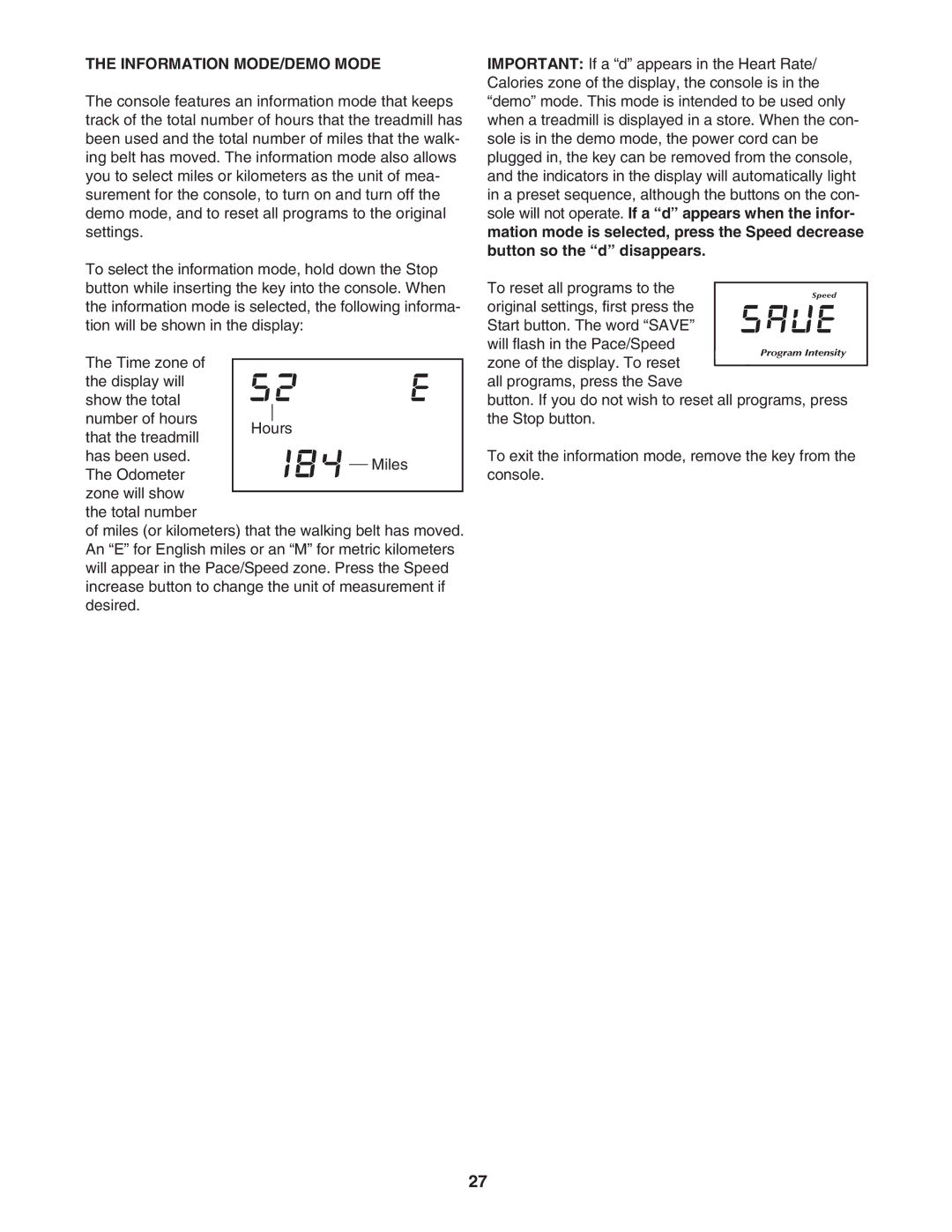 NordicTrack NTL2295 M.0 user manual Information MODE/DEMO Mode 