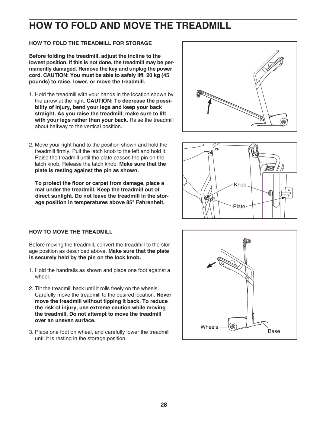 NordicTrack NTL2295 M.0 user manual HOW to Fold and Move the Treadmill, HOW to Fold the Treadmill for Storage 