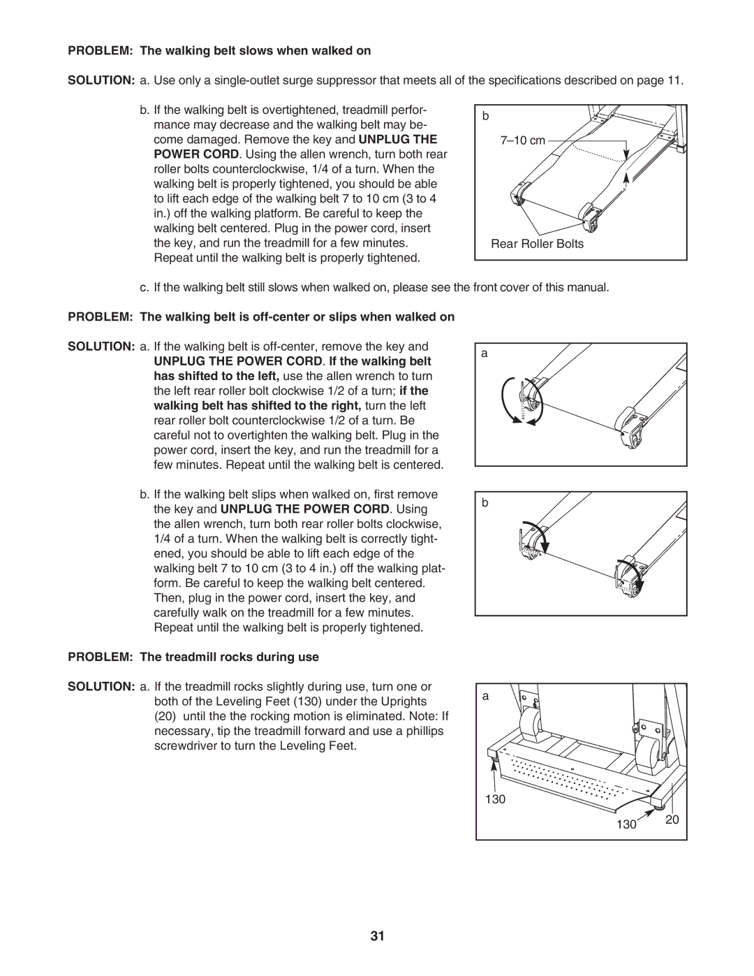 NordicTrack NTL2295 M.0 user manual Problem The walking belt slows when walked on, Problem The treadmill rocks during use 