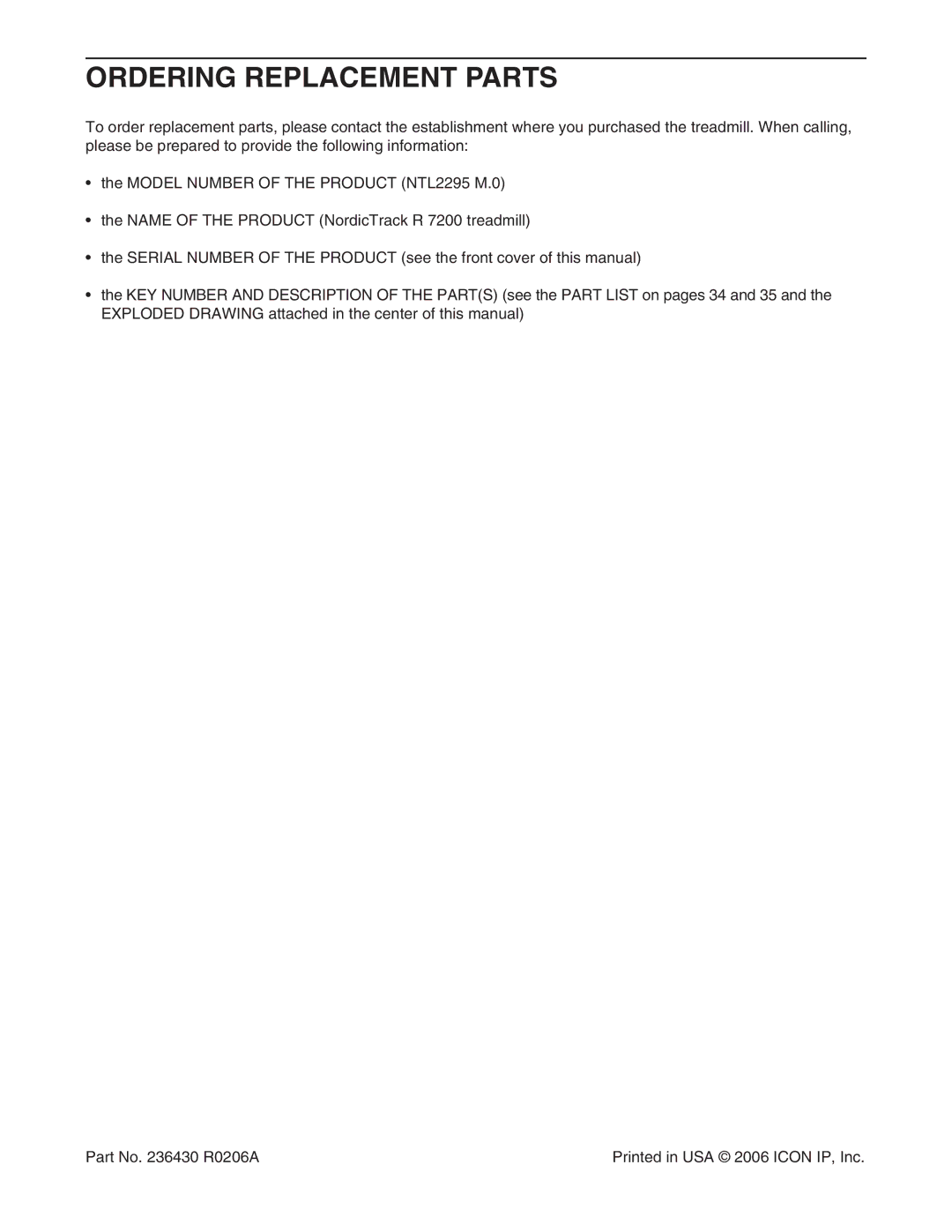 NordicTrack NTL2295 M.0 user manual Ordering Replacement Parts 