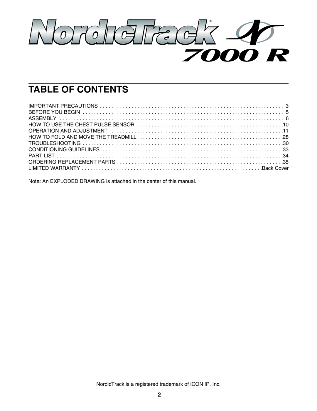 NordicTrack NTL2295.0 user manual Table of Contents 