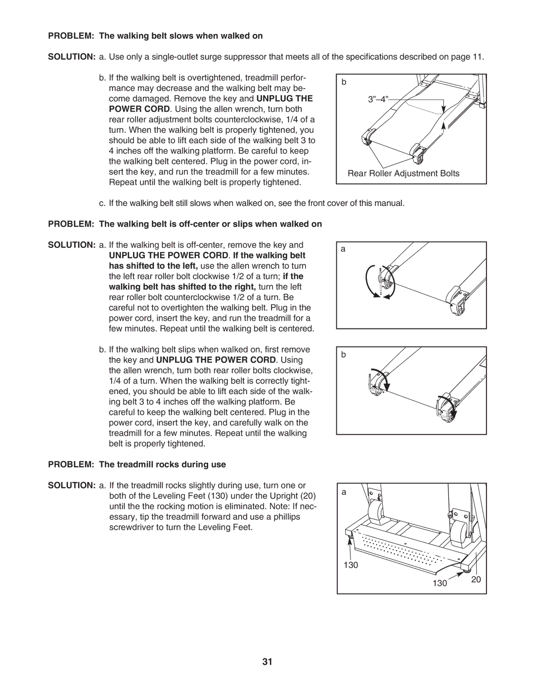 NordicTrack NTL2295.0 user manual Problem The walking belt slows when walked on, Problem The treadmill rocks during use 