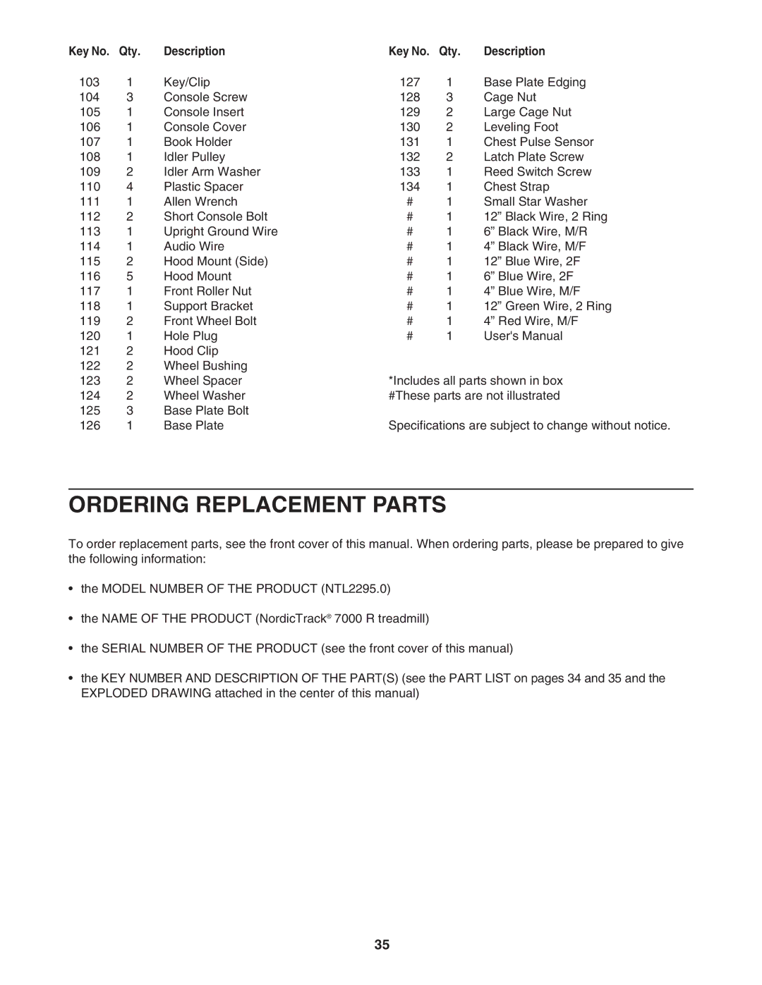 NordicTrack NTL2295.0 user manual Ordering Replacement Parts 