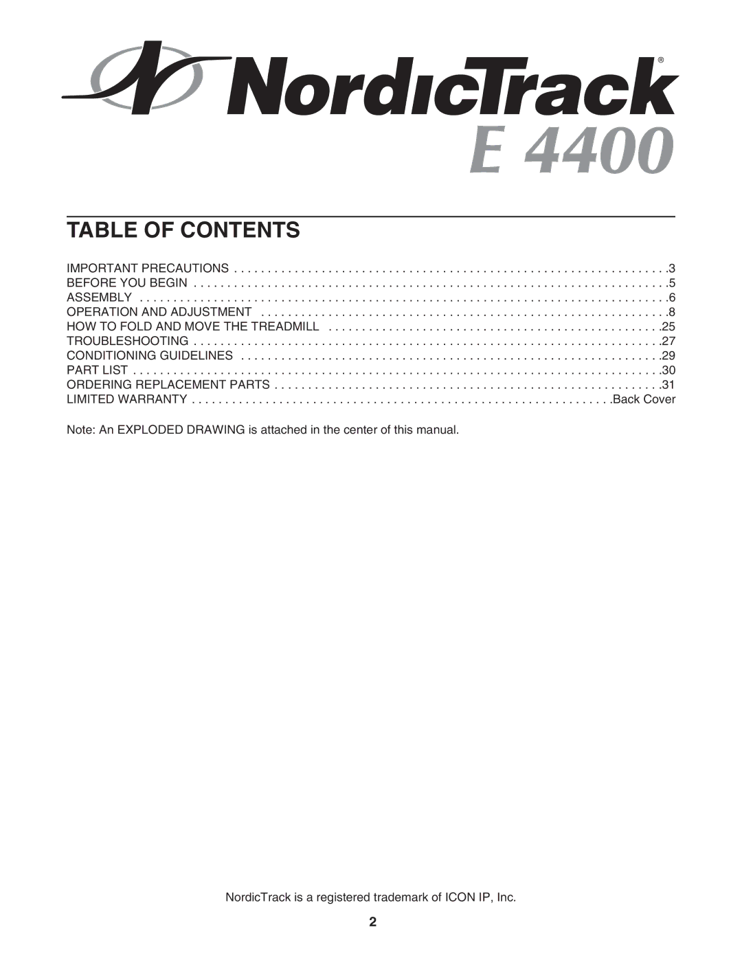 NordicTrack NTL24821 manual Table of Contents 