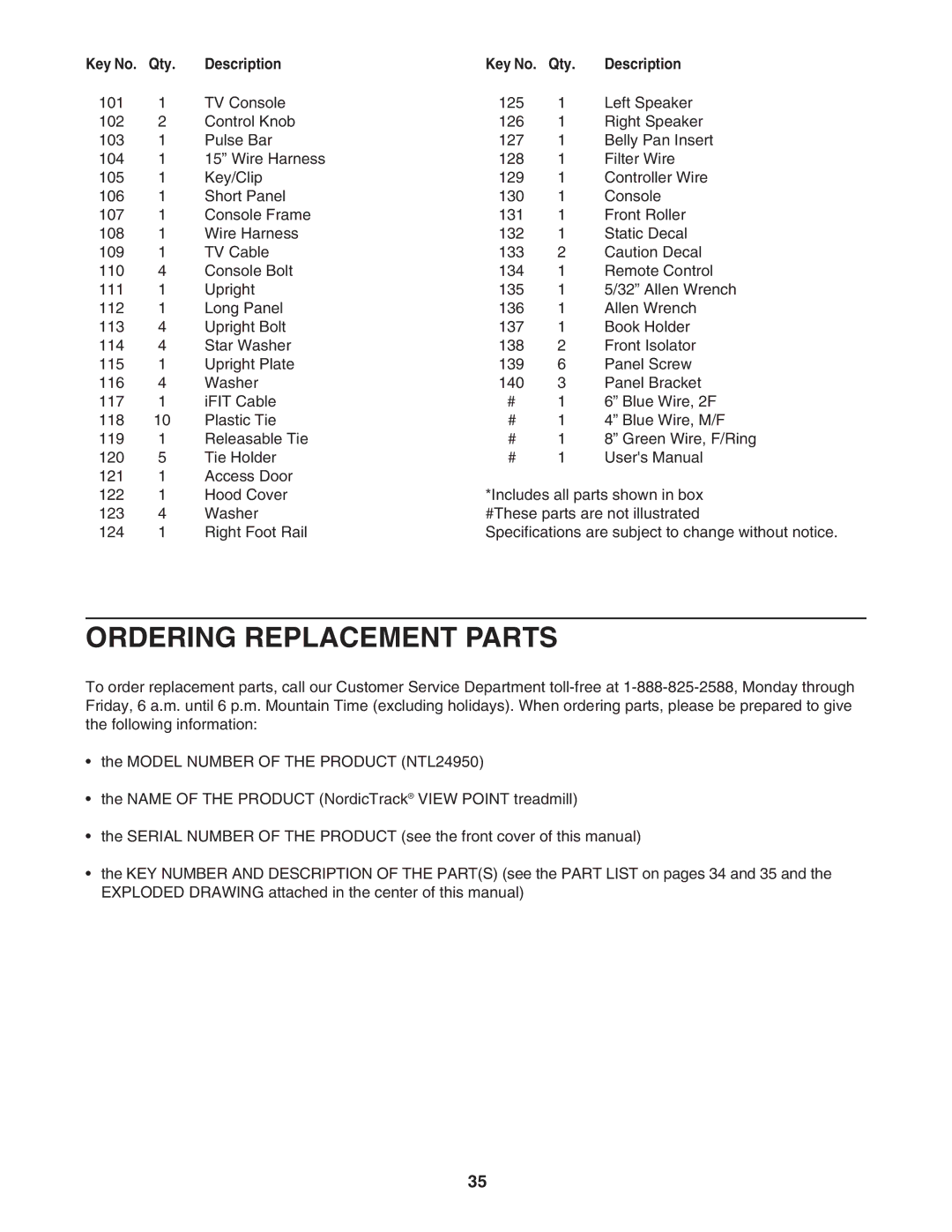 NordicTrack NTL24950 user manual Ordering Replacement Parts 