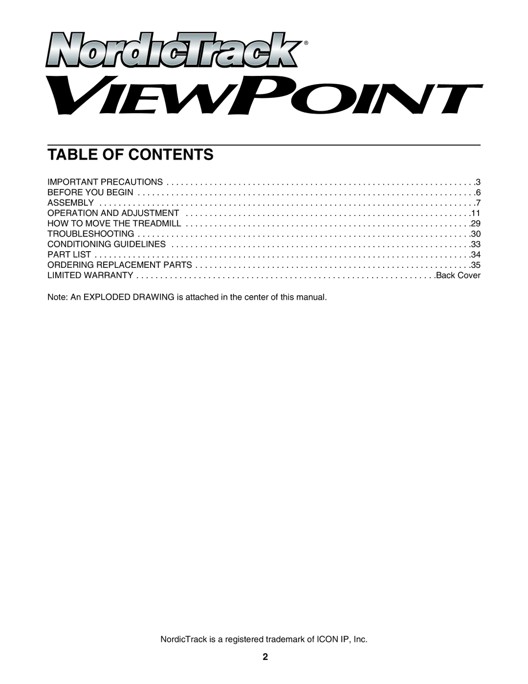 NordicTrack NTL2495.2 user manual Table of Contents 