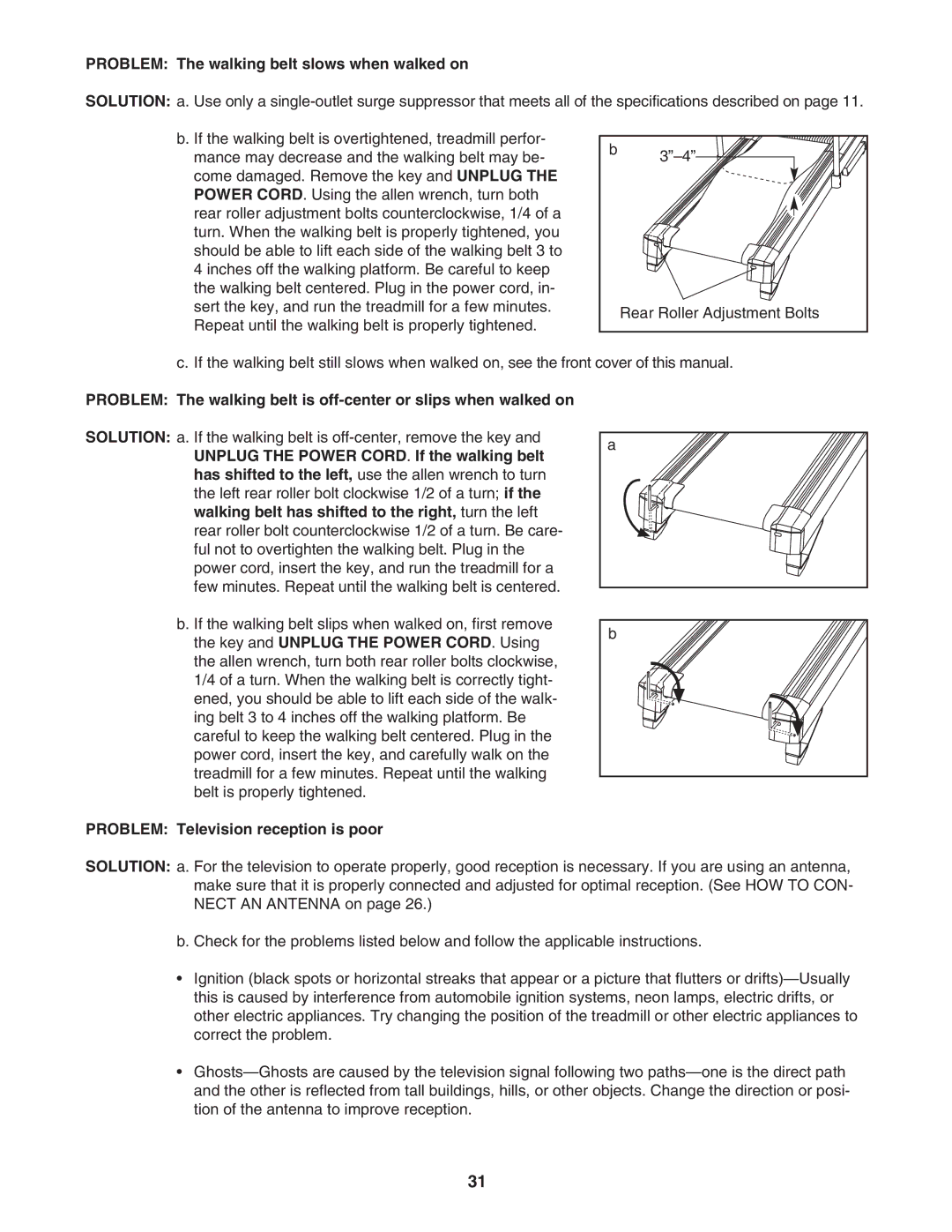 NordicTrack NTL2495.2 user manual Problem The walking belt slows when walked on, Problem Television reception is poor 