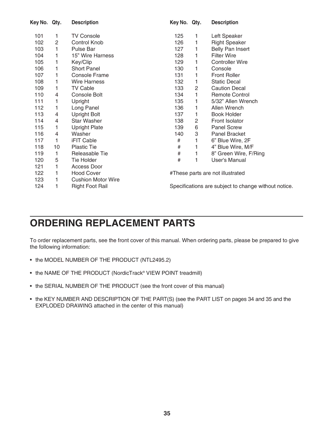 NordicTrack NTL2495.2 user manual Ordering Replacement Parts 