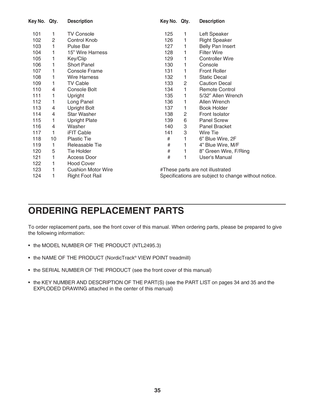 NordicTrack NTL2495.3 manual Ordering Replacement Parts 