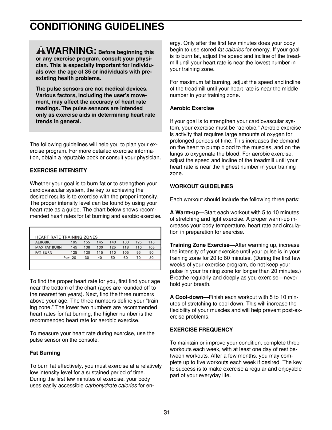 NordicTrack NTL25530 user manual Conditioning Guidelines, Exercise Intensity, Workout Guidelines, Exercise Frequency 