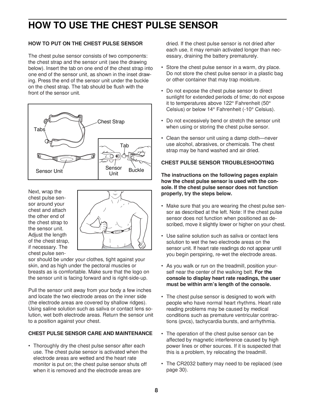 NordicTrack NTL25530 user manual HOW to PUT on the Chest Pulse Sensor, Chest Pulse Sensor Care and Maintenance 