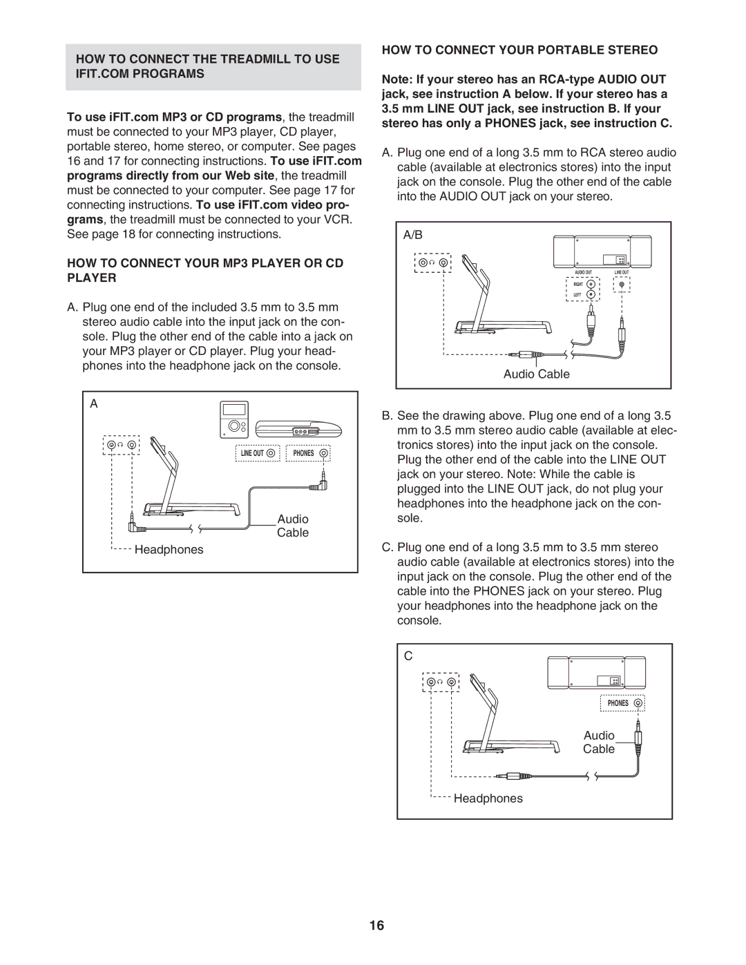 NordicTrack NTL27005.0 HOW to Connect Your MP3 Player or CD Player, HOW to Connect Your Portable Stereo, Audio Cable 