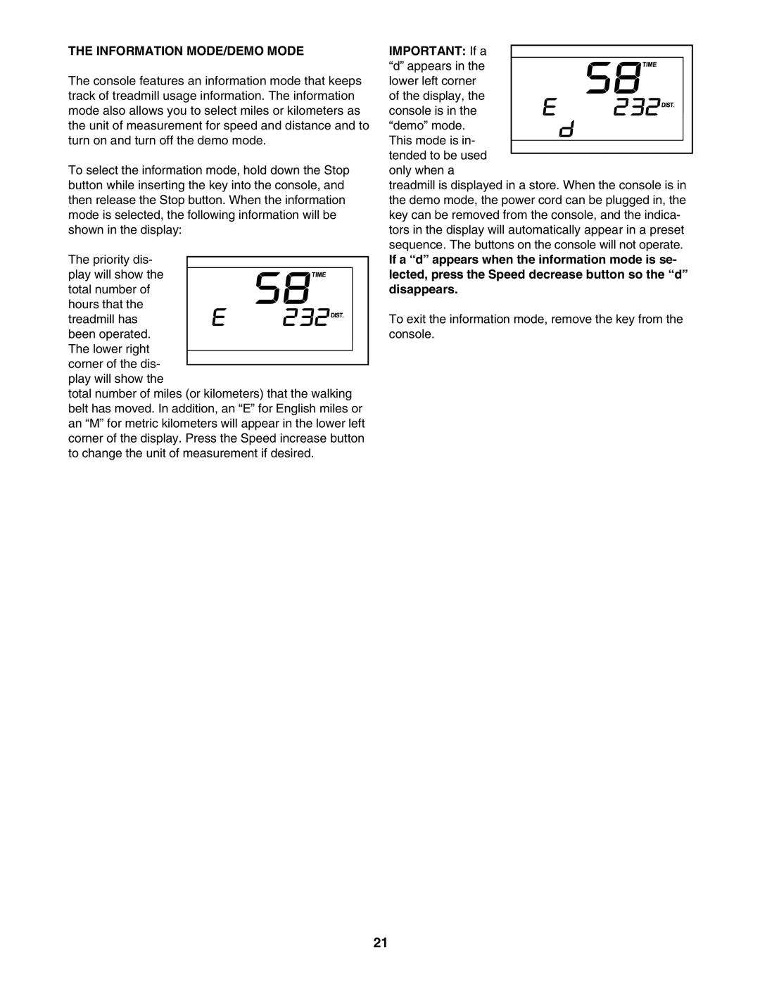 NordicTrack NTL27005.0 user manual Information MODE/DEMO Mode, Important If a 