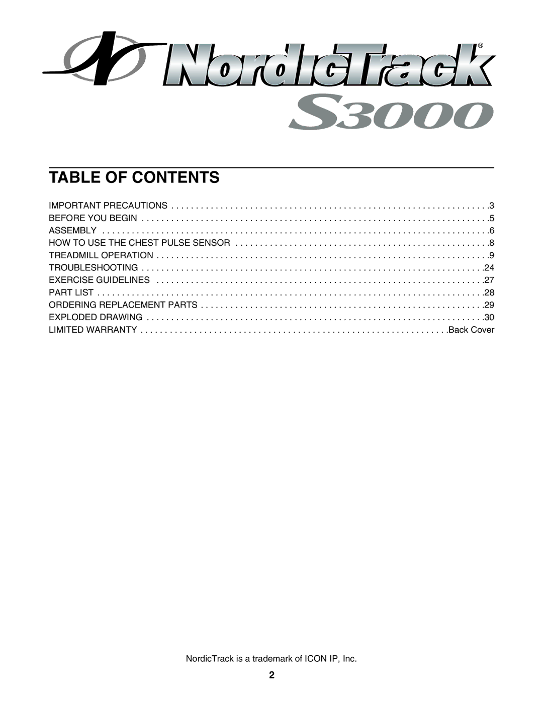 NordicTrack NTL29105.0 user manual Table of Contents 