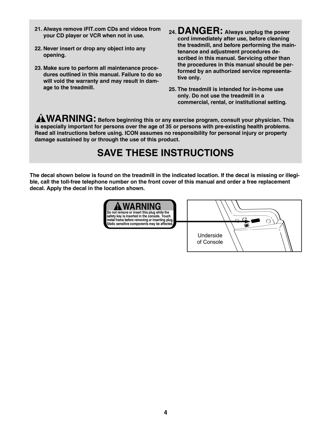 NordicTrack NTL29105.0 user manual Underside Console 