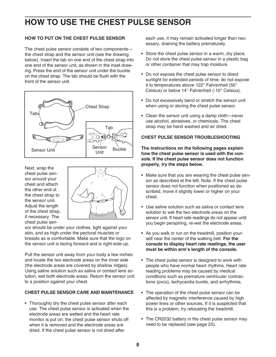 NordicTrack NTL29105.0 user manual HOW to USE the Chest Pulse Sensor, HOW to PUT on the Chest Pulse Sensor 