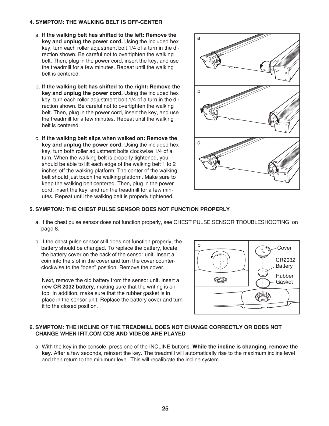 NordicTrack NTL29105.1 Symptom the Walking Belt is OFF-CENTER, Symptom the Chest Pulse Sensor does not Function Properly 