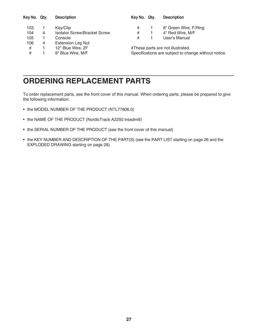 NordicTrack NTL77806.0 user manual Ordering Replacement Parts 