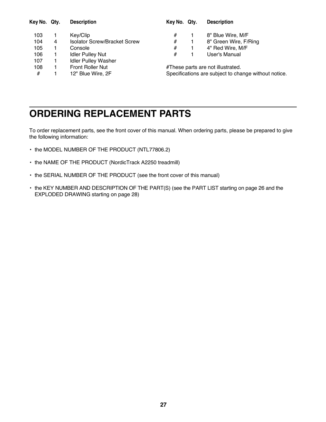 NordicTrack NTL77806.2 user manual Ordering Replacement Parts 