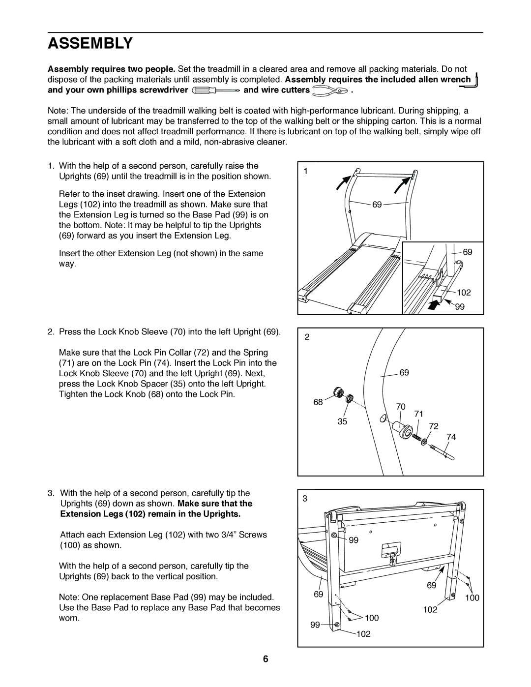 NordicTrack NTL99020 manual Assembly, Your own phillips screwdriver Wire cutters, Extension Legs 102 remain in the Uprights 