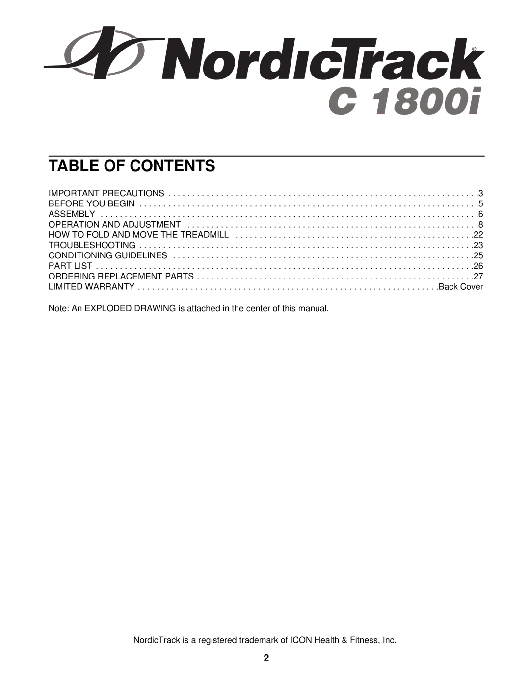 NordicTrack NTL99030 user manual Table of Contents 