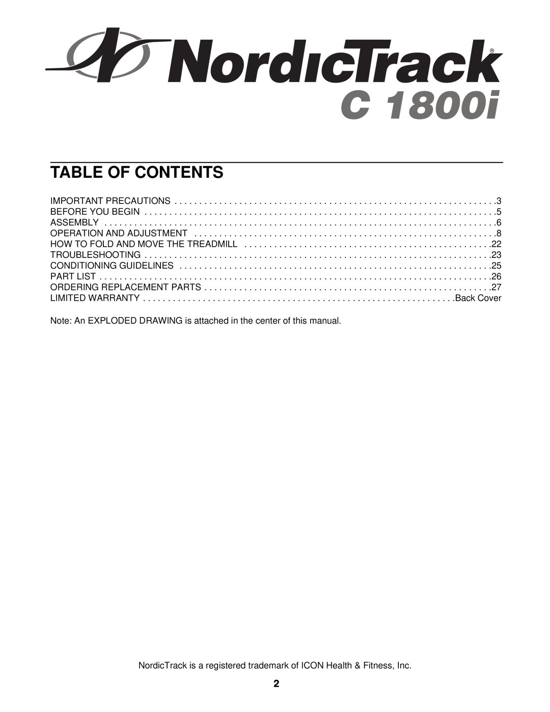 NordicTrack NTL99030 Table Of Contents, Important Precautions, Before You Begin, Assembly, Operation And Adjustment 