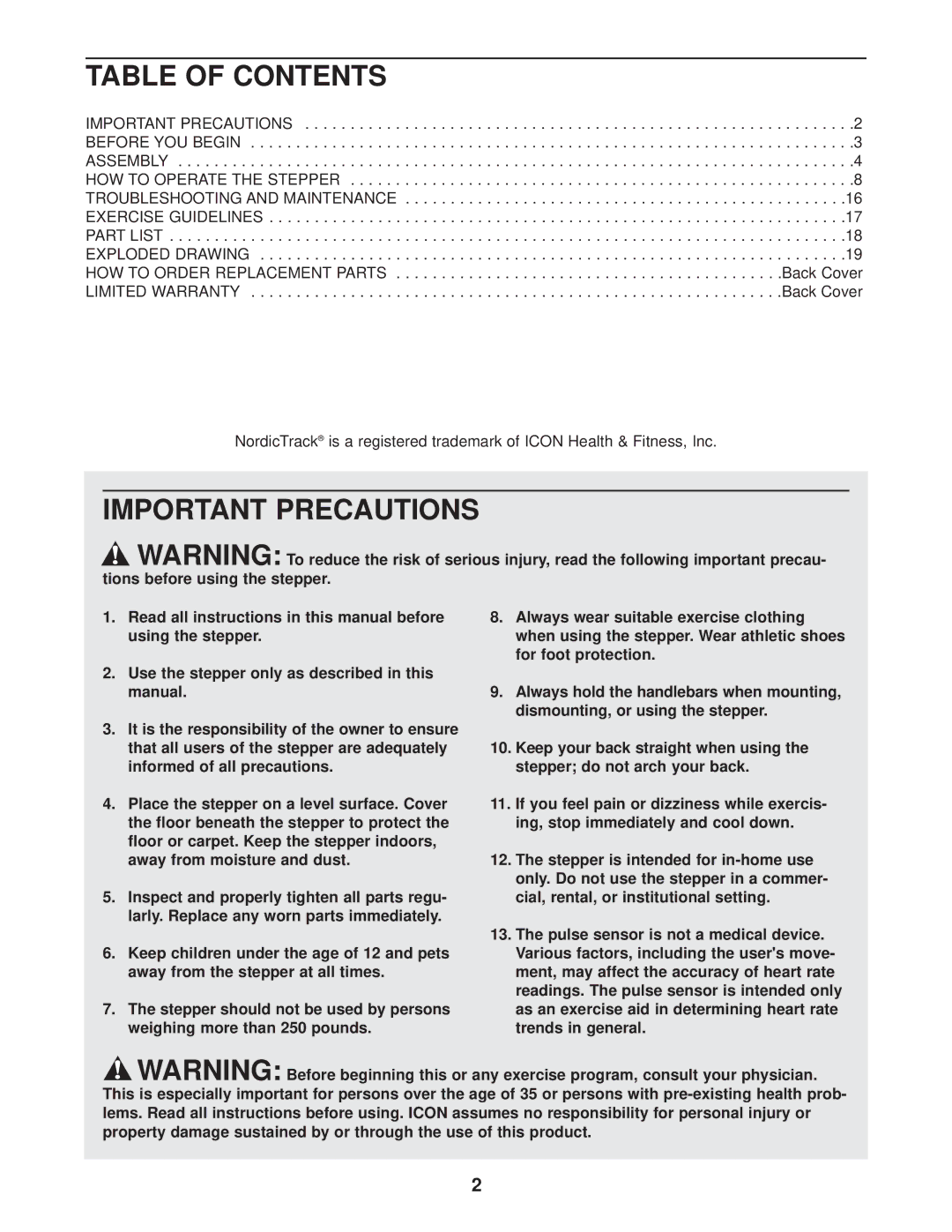 NordicTrack NTM58020 user manual Table of Contents, Important Precautions 