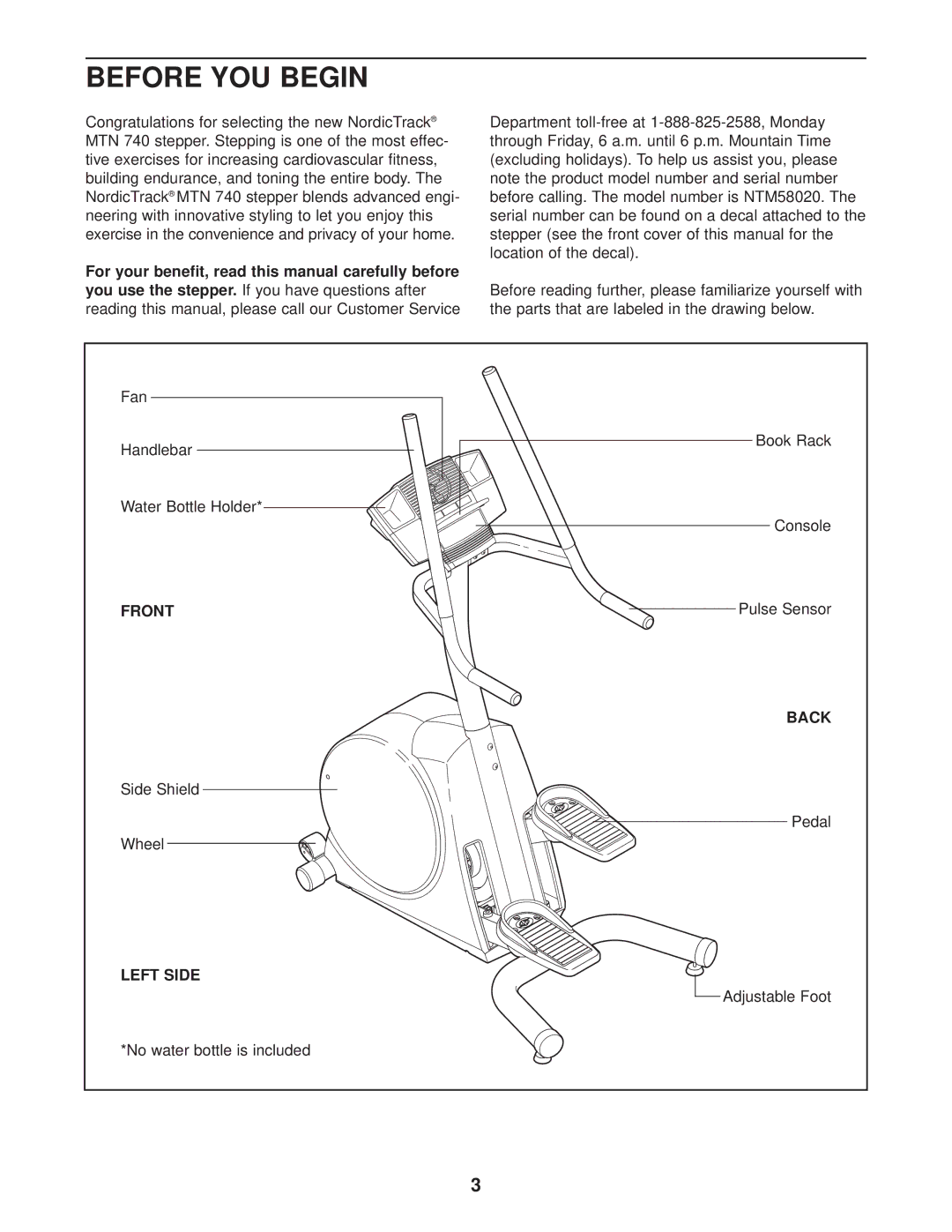 NordicTrack NTM58020 user manual Before YOU Begin, Front, Back, Left Side 