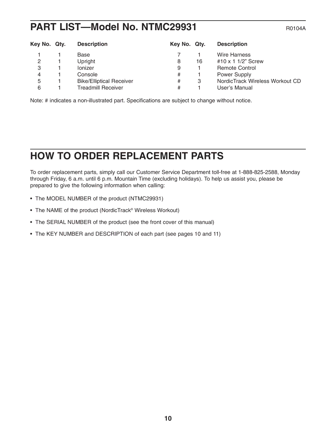 NordicTrack NTMC29931 user manual HOW to Order Replacement Parts, Qty Description 