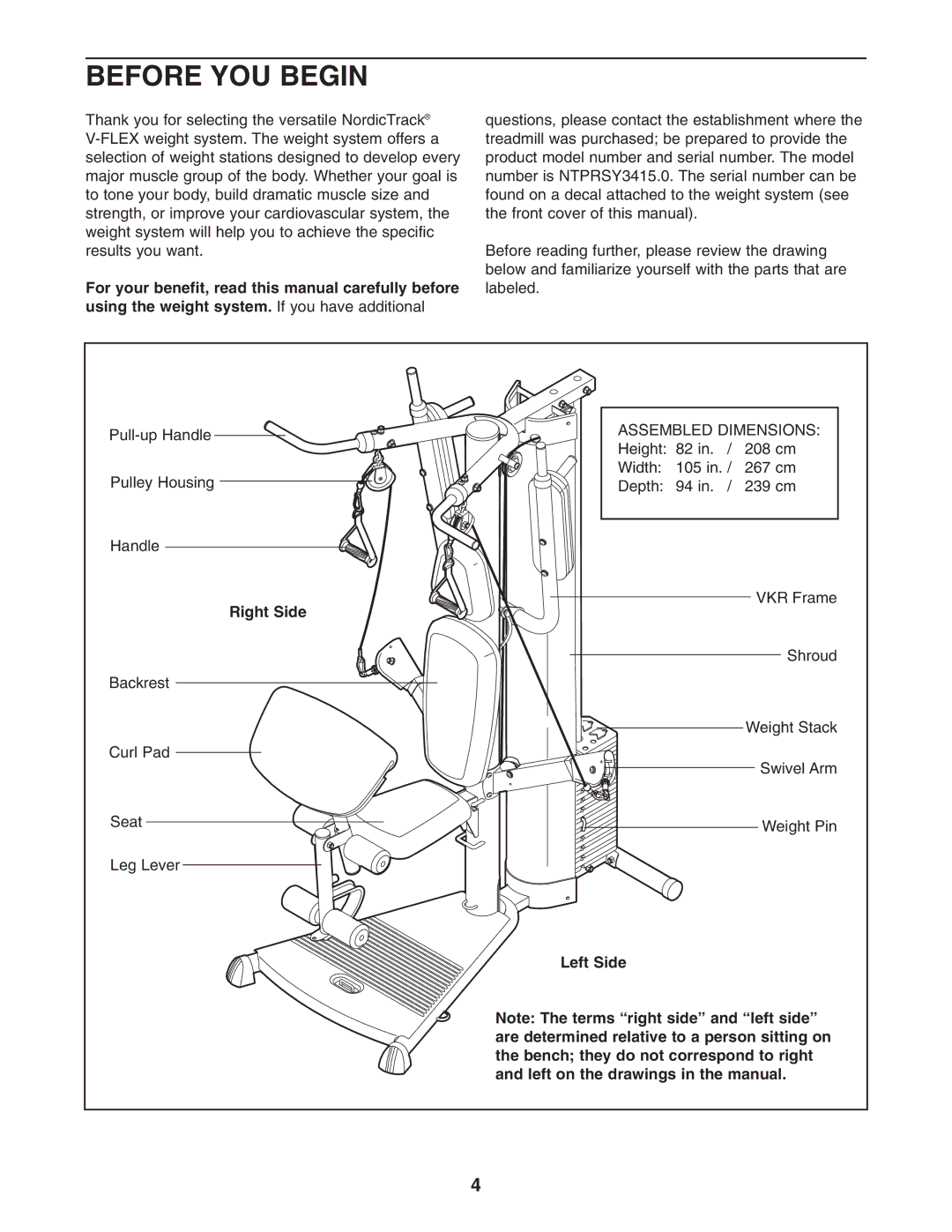 NordicTrack NTPRSY3415.0 user manual Before YOU Begin, Right Side, Left Side 