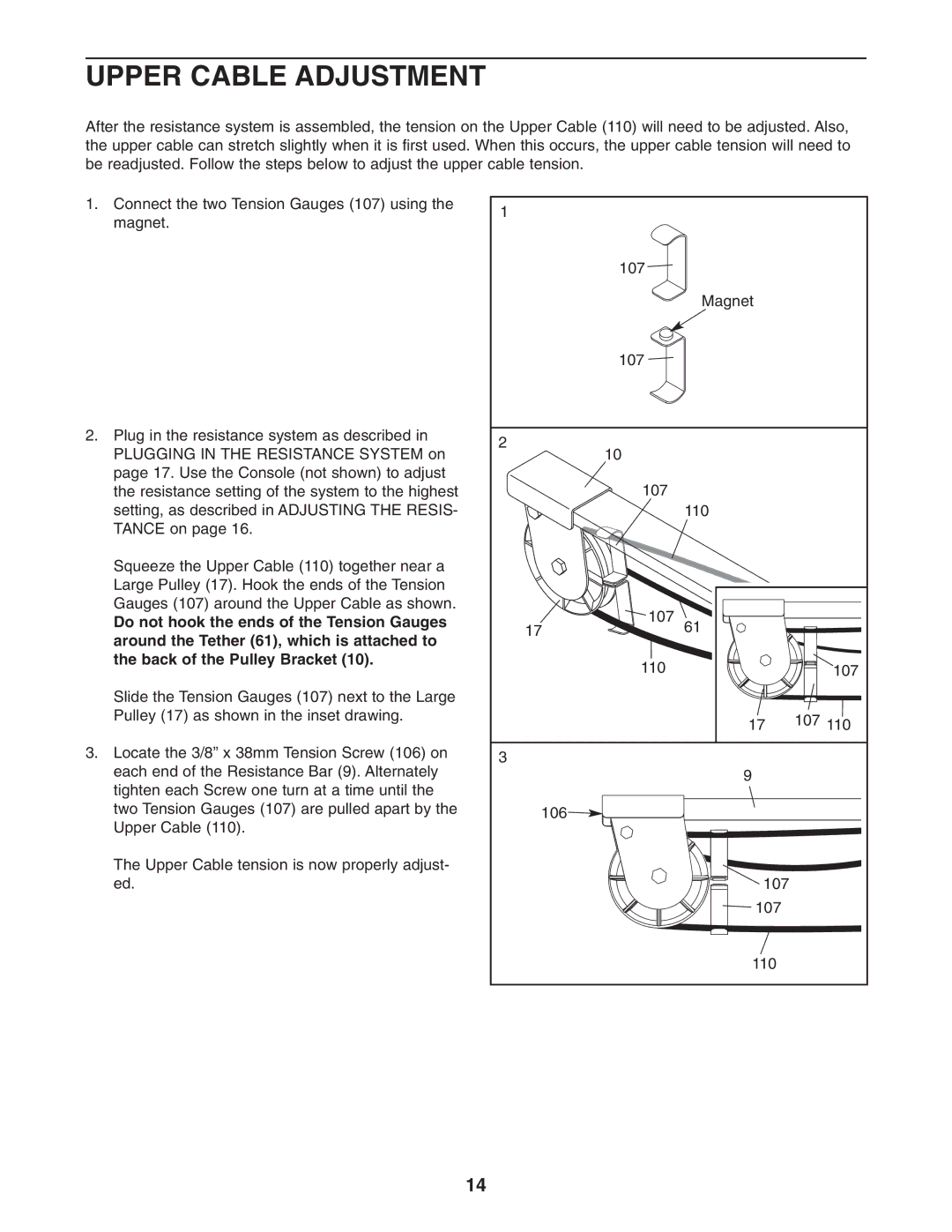 NordicTrack NTS58740 user manual Upper Cable Adjustment 