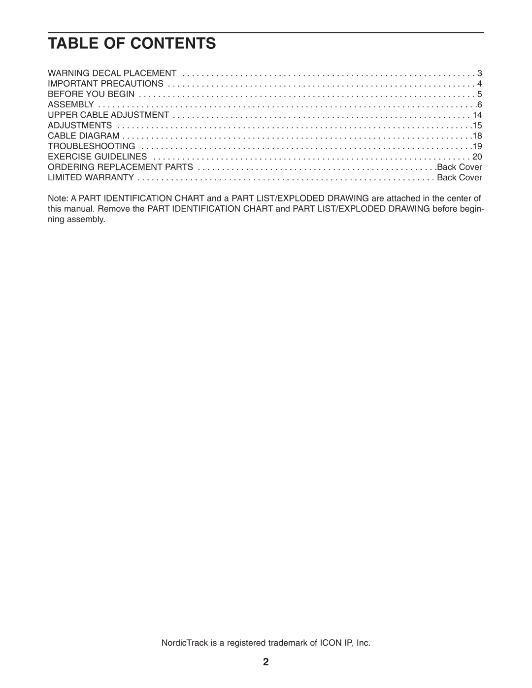 NordicTrack NTS58740 user manual Table of Contents 