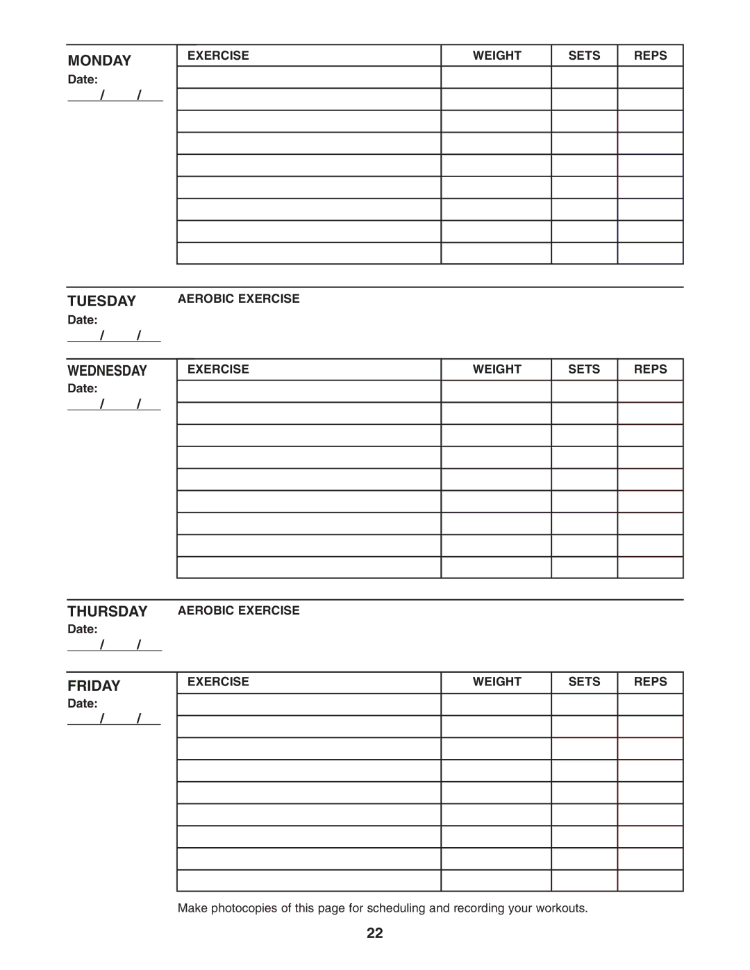 NordicTrack NTS58740 user manual Exercise Weight Sets Reps, Thursday Aerobic Exercise Date 