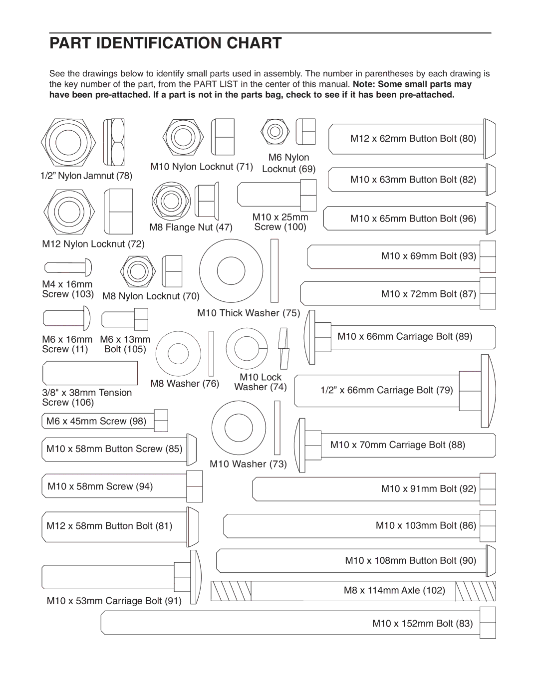 NordicTrack NTS58740 user manual Part Identification Chart 