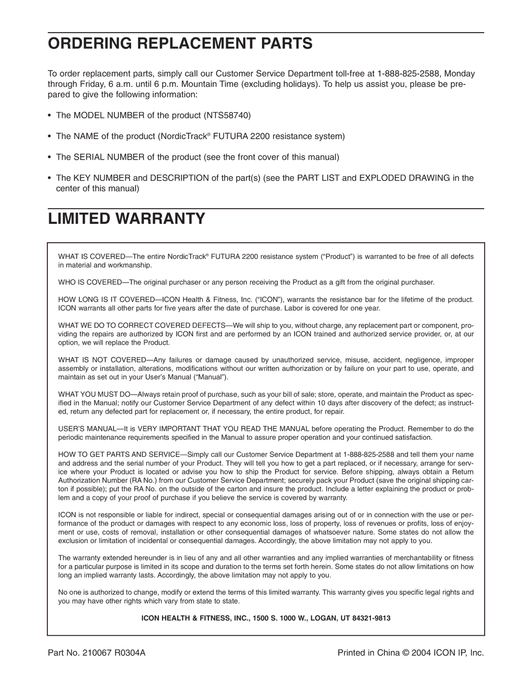 NordicTrack NTS58740 user manual Ordering Replacement Parts, Limited Warranty 