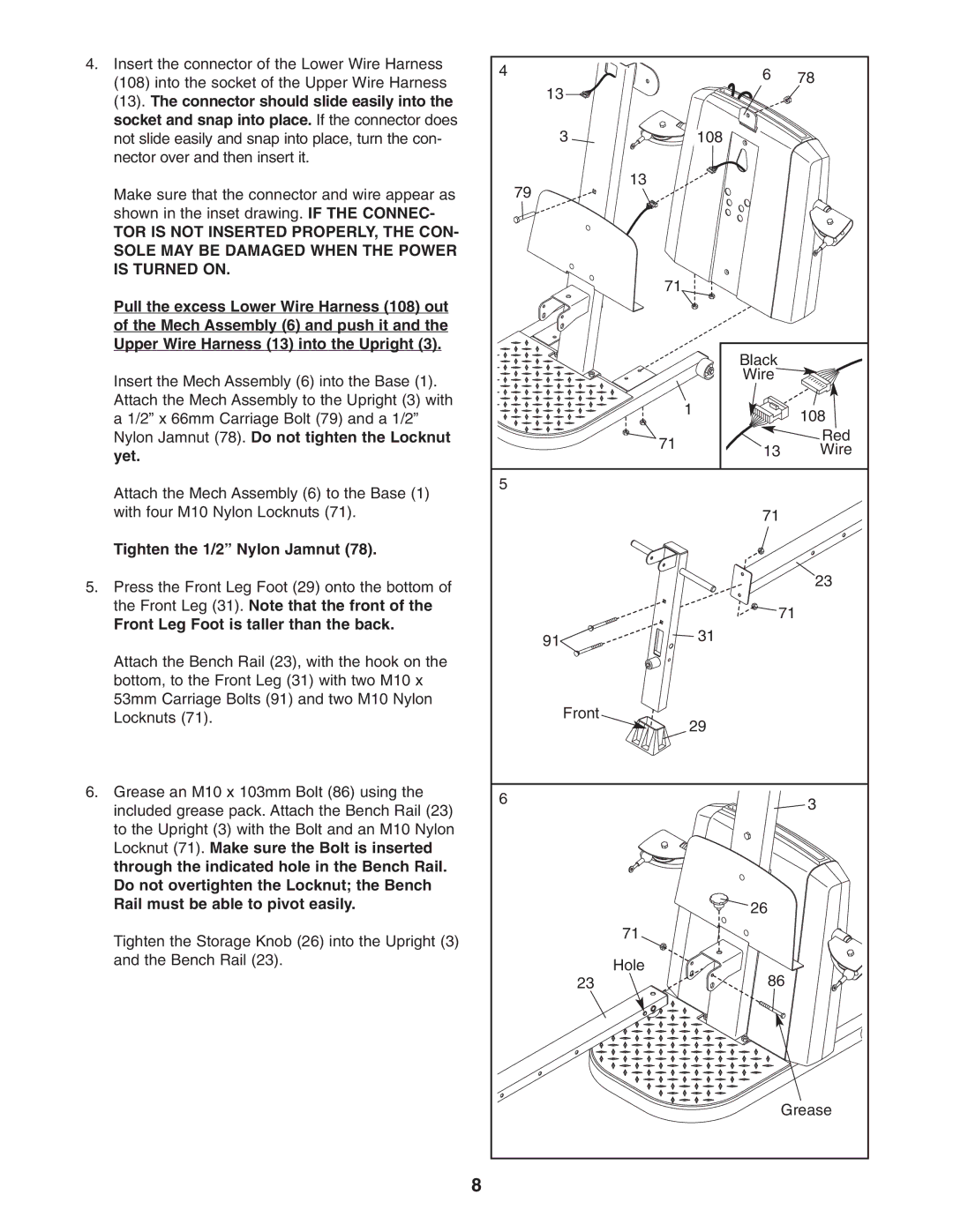 NordicTrack NTS58740 user manual Nylon Jamnut 78. Do not tighten the Locknut, Yet, Tighten the 1/2 Nylon Jamnut 