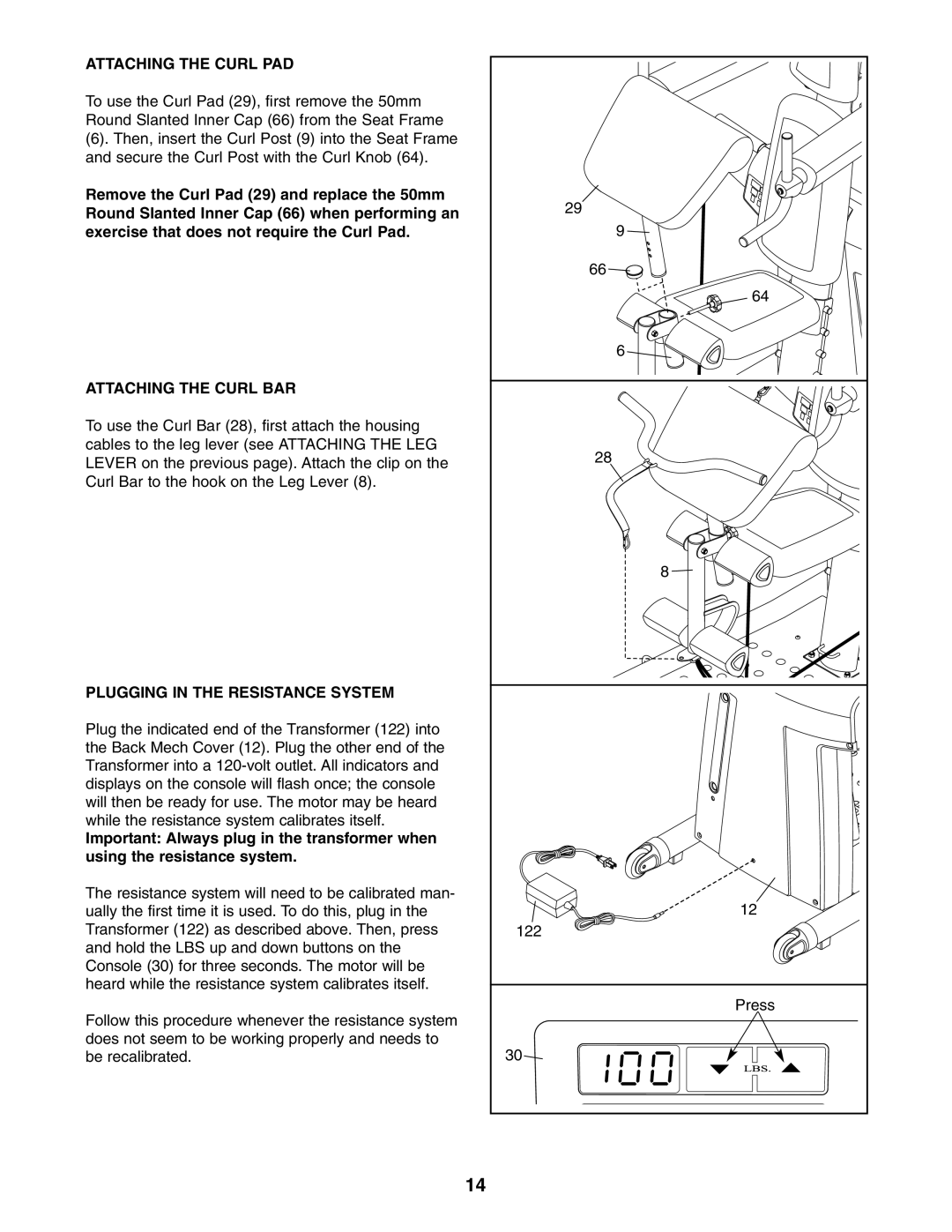 NordicTrack NTS5925.0 user manual Attaching the Curl PAD, Attaching the Curl BAR, Plugging in the Resistance System 