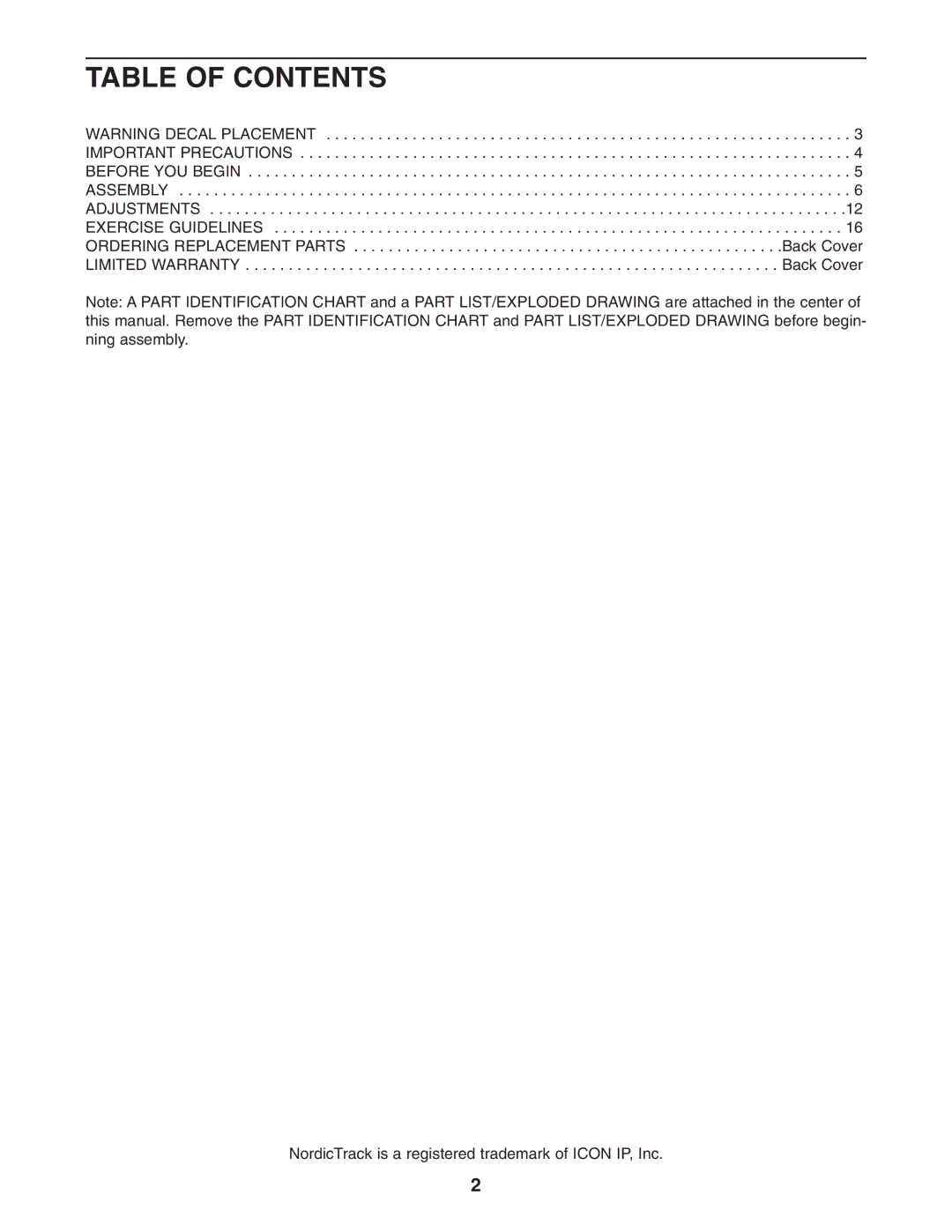 NordicTrack NTS5925.0 user manual Table of Contents 