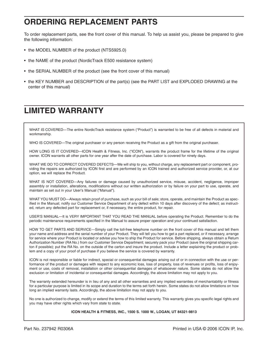 NordicTrack NTS5925.0 user manual Ordering Replacement Parts, Limited Warranty 