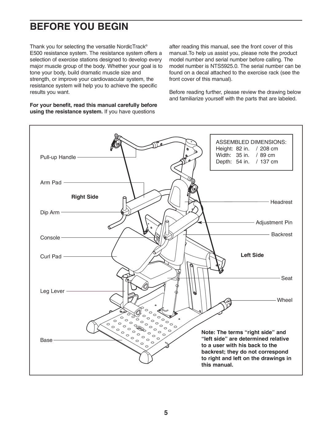 NordicTrack NTS5925.0 user manual Before YOU Begin, Right Side, Left Side 