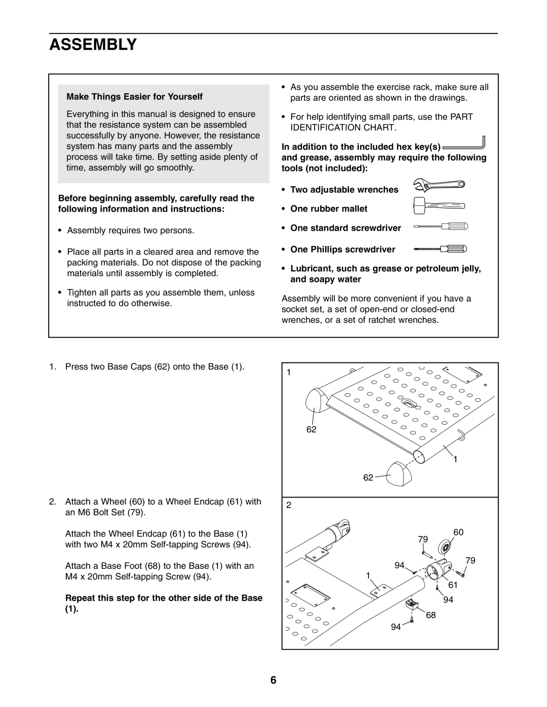 NordicTrack NTS5925.0 Assembly, Make Things Easier for Yourself, Repeat this step for the other side of the Base 