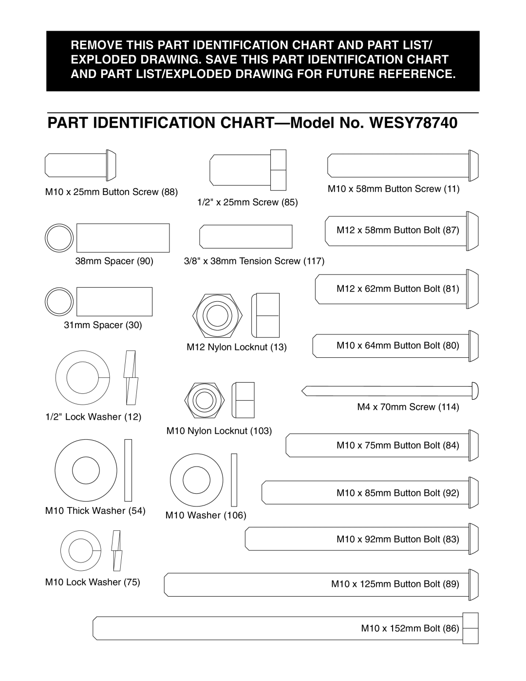 NordicTrack NTS78740 user manual Part Identification CHART-Model No. WESY78740 