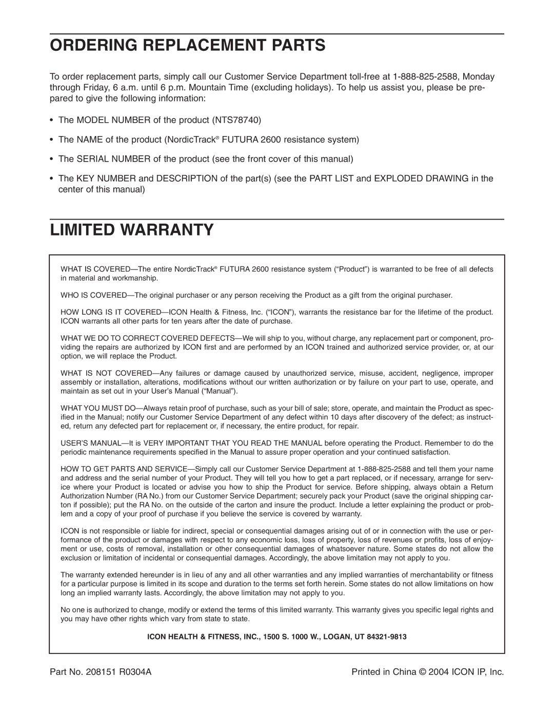 NordicTrack NTS78740 user manual Ordering Replacement Parts, Limited Warranty 