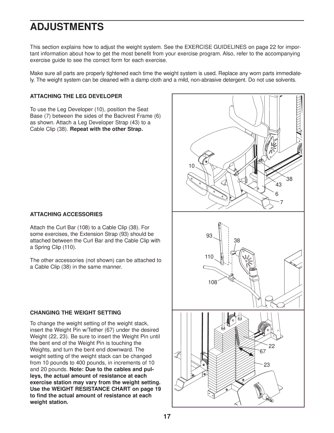 NordicTrack NTS79020 Adjustments, Attaching the LEG Developer, Attaching Accessories, Changing the Weight Setting 