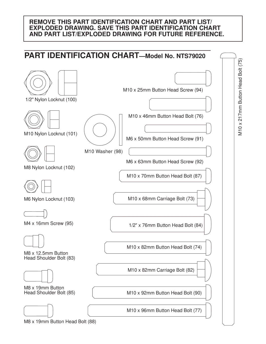 NordicTrack user manual Part Identification CHART-Model No. NTS79020 